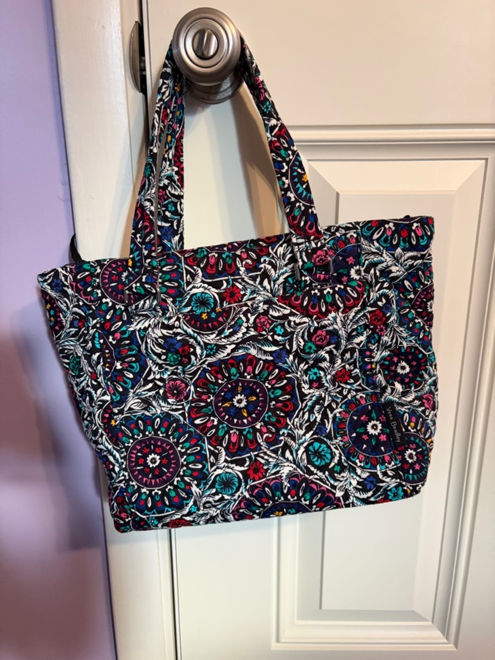 Vera Bradley Black Quilted Tote with Teal, Pink & Red Medallions